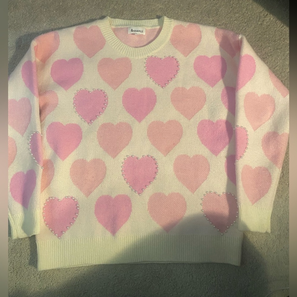 &merci Pink and Cream Heart Sweater Womens size large
